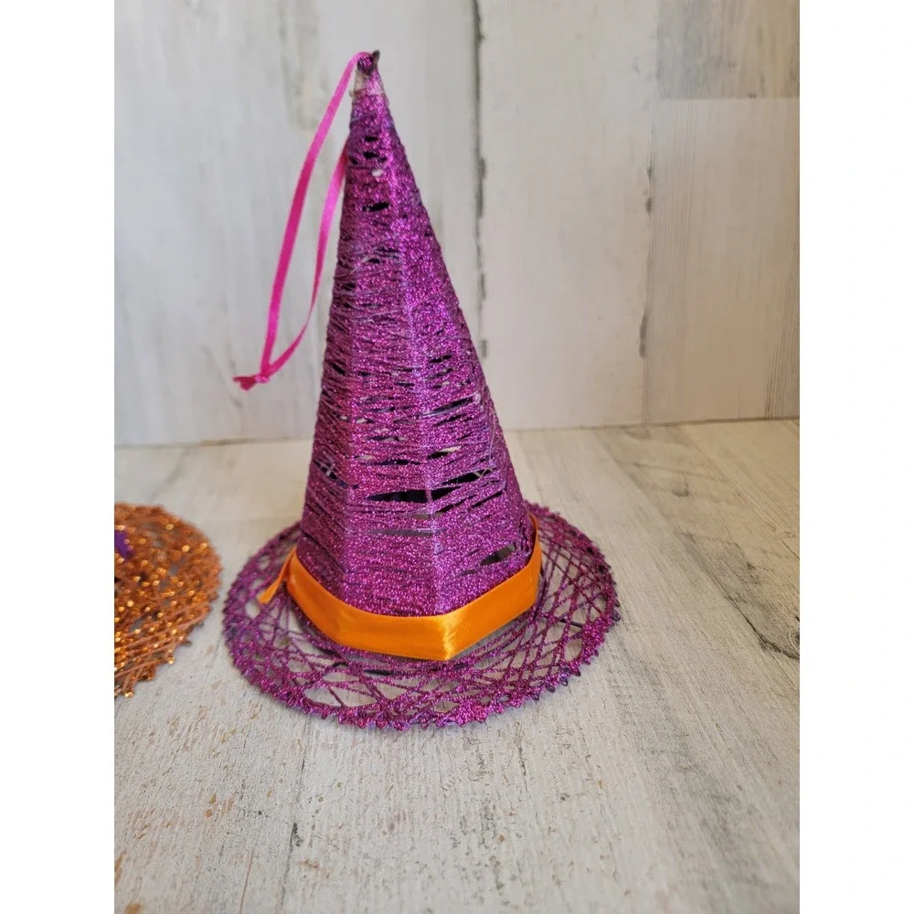 Vintage large Halloween witch hat glitter orange purple ornament set star unique